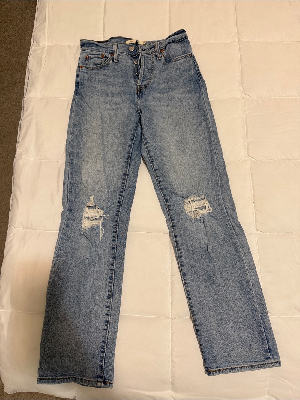 Women's Light Blue Distressed Straight-Leg Jeans